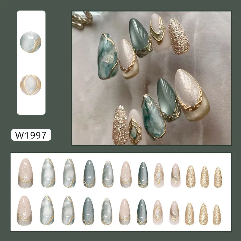 24pcs False Nails Glossy Green Summer Almond Fake Nail Tips Wearable Detachable Fashion Flower Print Press on Nails for Girl 1