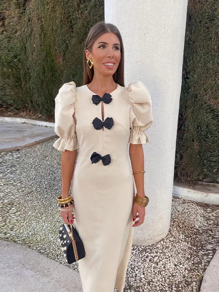 Fashion Short Puff Sleeves Bow Midi Dress For Women Solid Round Neck Slim Fit Dresses Elegant Party Club Vestidos creamy-white