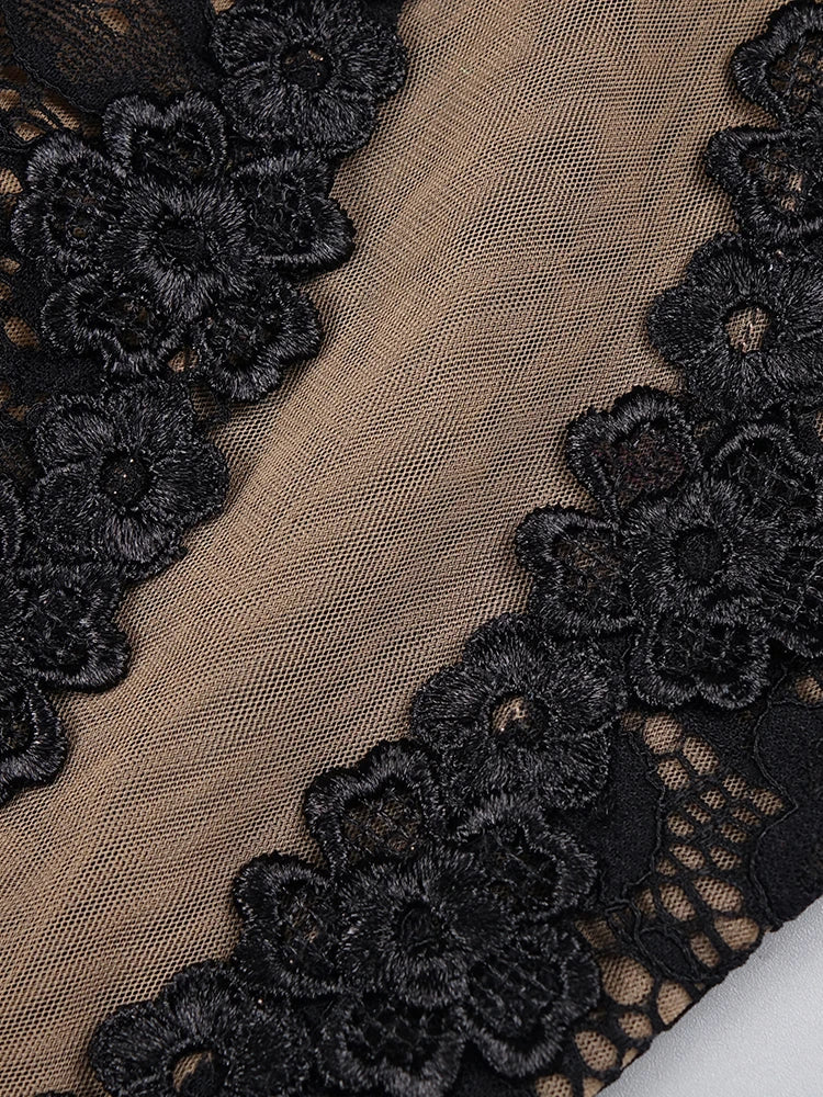 Lace Accent Maxi Dress High Neckline Cut-out Tulle Fabric Long Sleeves Floor Length Cocktail Party Evening Gowns