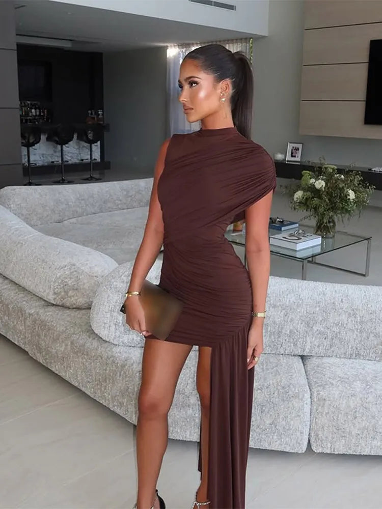 Brown Pleat Women Mini Vestidos Elegant Draped Ruched Turtleneck Sleeveless Slim Fit Dresses Summer Woman Club Party Short Dress