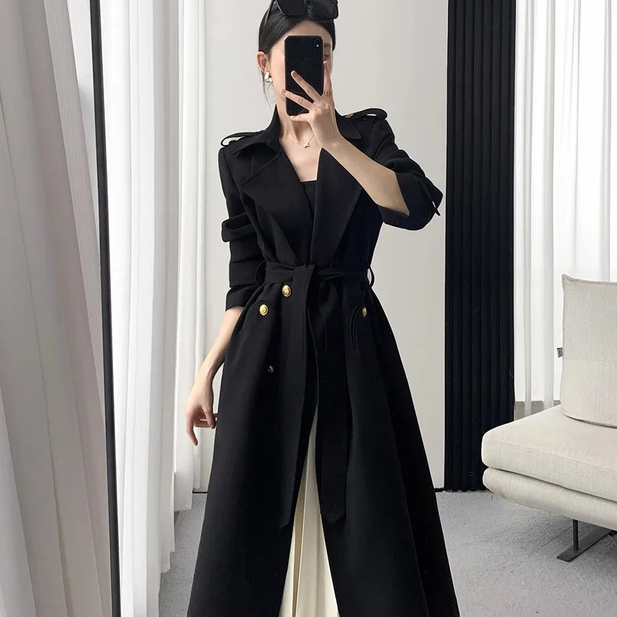 Lautaro Spring Autumn Long Black Trench Coat for Women Gold Buttons Double Breasted Elegant Chic Luxury Designer Clothes 2025