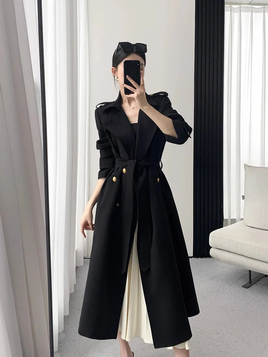 Lautaro Spring Autumn Long Black Trench Coat for Women Gold Buttons Double Breasted Elegant Chic Luxury Designer Clothes 2025
