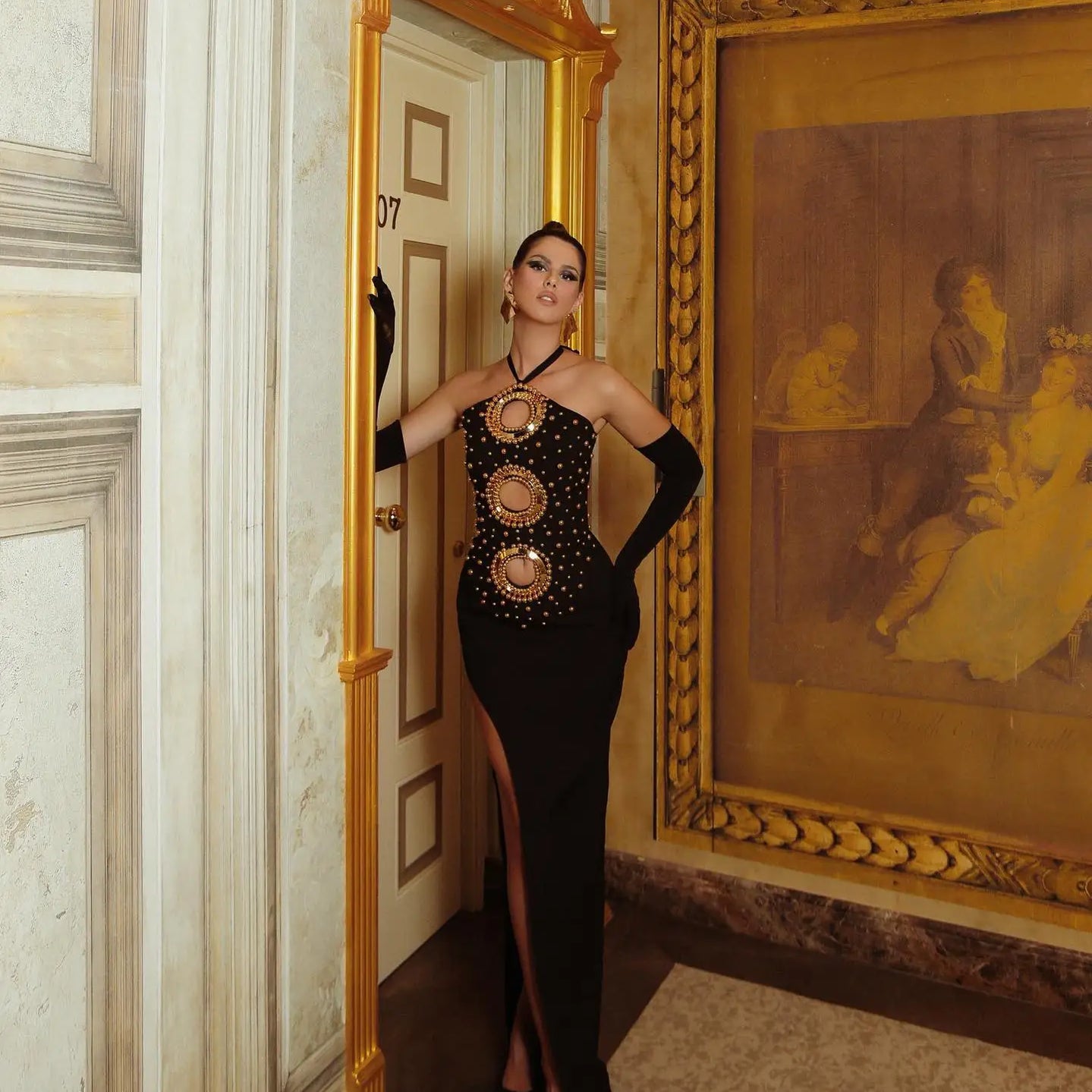 Black Color Women Sexy Halter Off the Shoulder Golden Beading Bodycon Bandage Long Dress Evening Party Celebrate Outfit