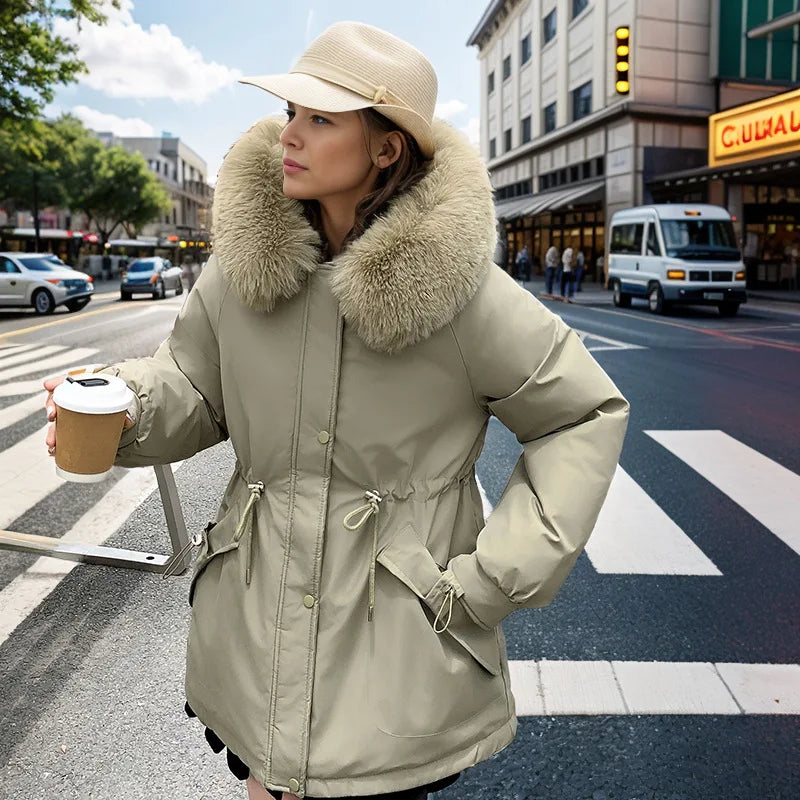 Winter Women's Jacket Female Fur Collar Thicken Warm Cinching Parka Coats Women's 2 Pocket Drawstring Waist Cotton Jacket green