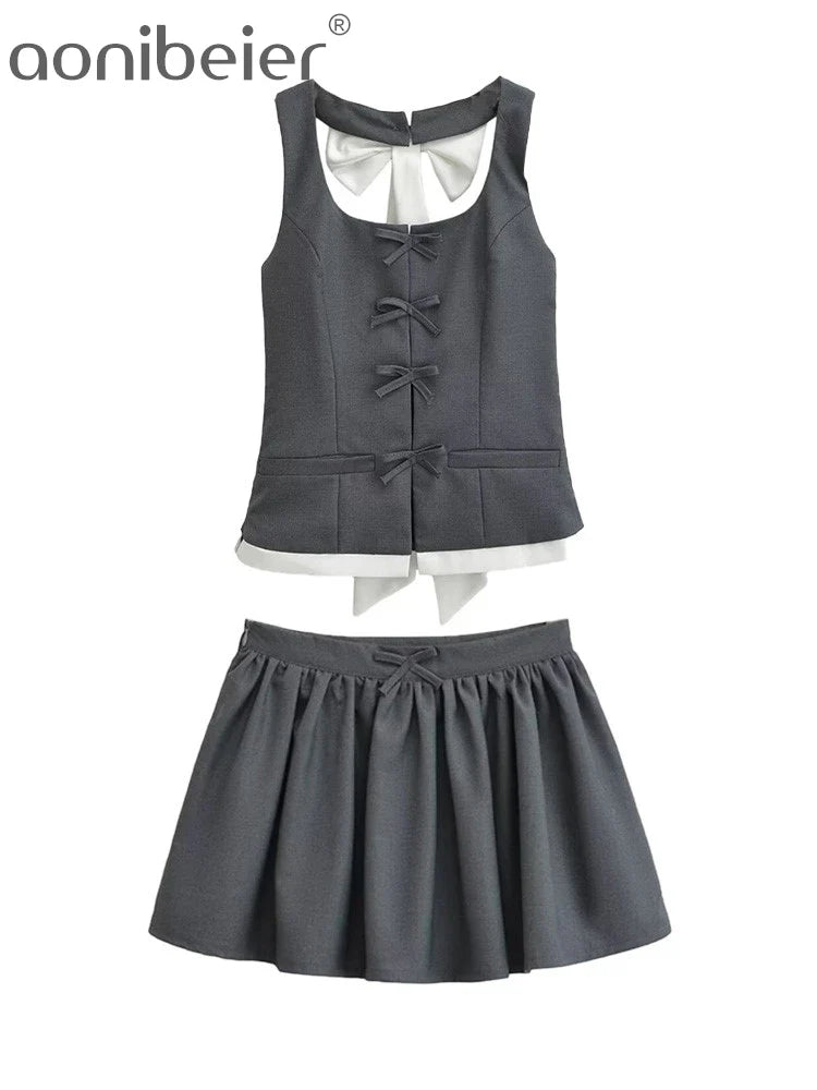 Aonibeier Bow Patchwork Women Halter Crop Top Suits Traf Summer Low Collar Slim Sleeveless Female Tanks Mini Skirt Sets Y2K