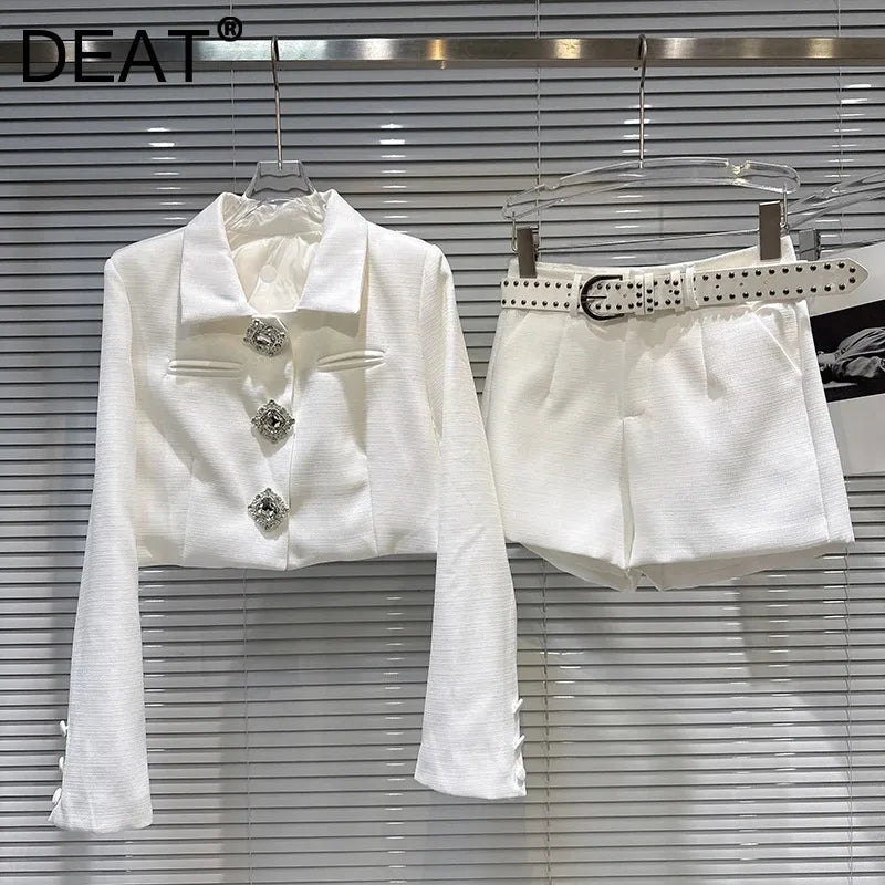 Winter New Fashionable Elegant Big Diamond Buckle Quilted Short Jacket Belted Shorts Women's Two-pieces Set 11A07651