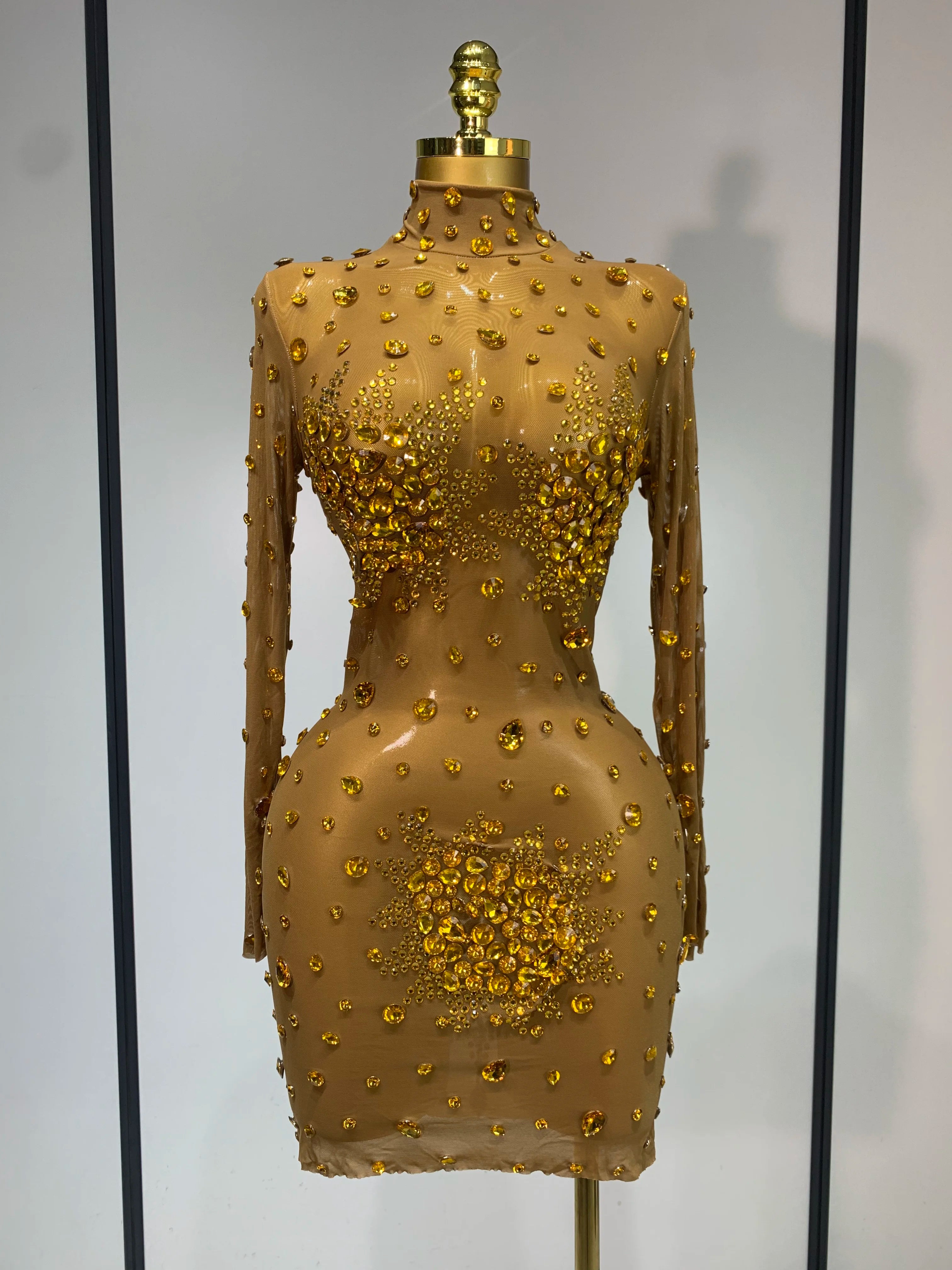 Women Sexy Gold Rhinestones Sparkly See Through Mini Dress Evening Party Fashion Performance Stage Outfit Luxury Birthday Dress Gold