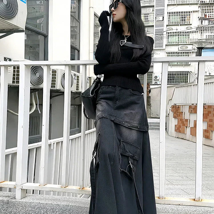 Black Denim Skirt Thin Office Lady Vintage Fashion Pockets Autumn Winter High Waist A-Line Skirt New Design Gothic