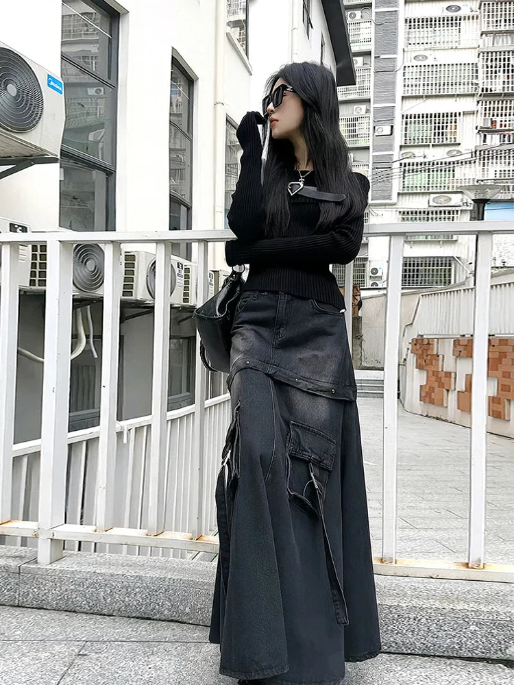 Black Denim Skirt Thin Office Lady Vintage Fashion Pockets Autumn Winter High Waist A-Line Skirt New Design Gothic