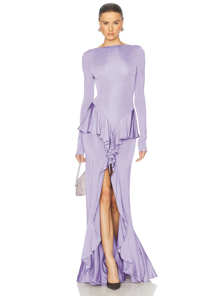 Backless Ruffled Sexy Maxi Dress For Women Gown Fashion O Neck Long Sleeve Thigh High Split Evening Long Dress Elegant PURPLE