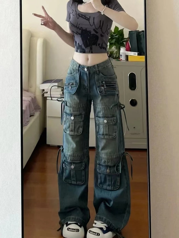 Femmes BF Style Y2k Streetwear Harajuku Baggy multi-poches bleu Denim Cargo pantalon taille basse jambe large jean esthétique Kpop des années 2000