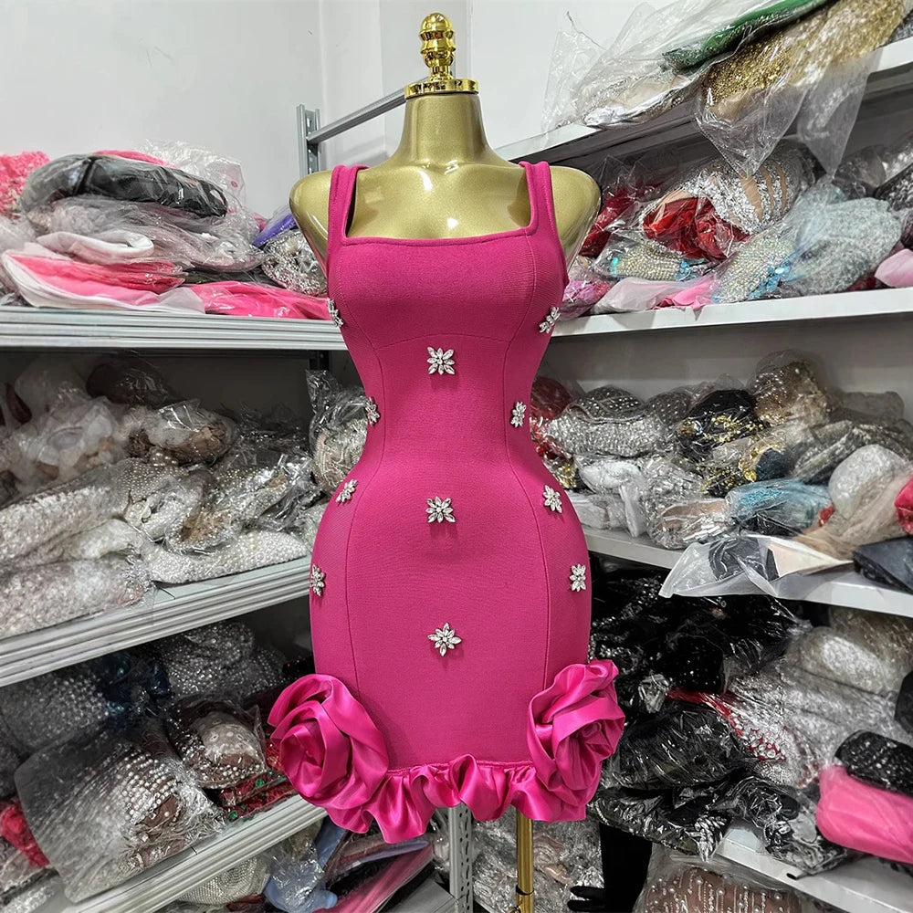 Spliced Diamonds Flower Bandage Mini Dress For Women Solid Color Sleeveless Bodycon Party Dresses Female 2025 Rose Red