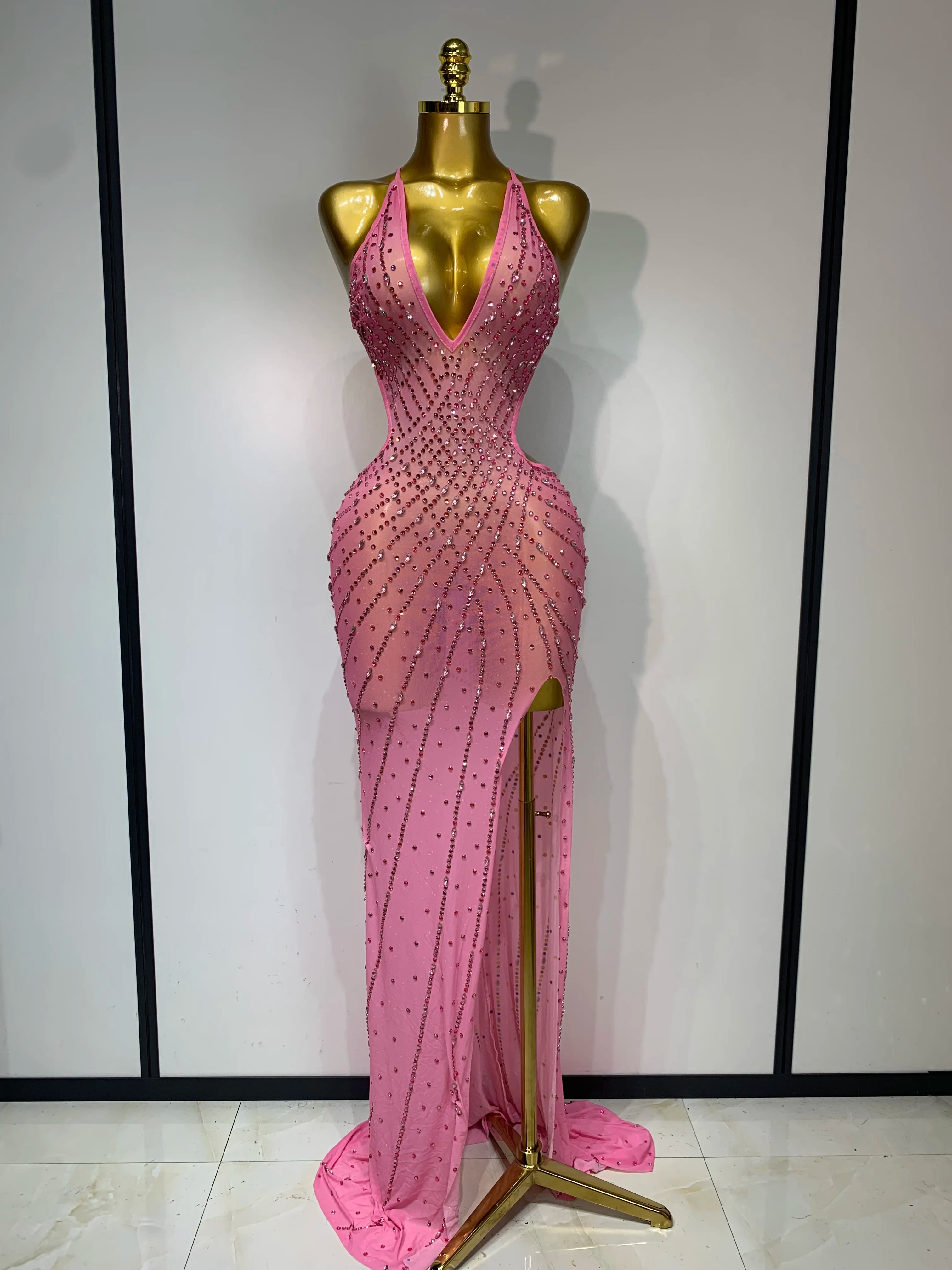 Sparkly Rhinestone Halter Mesh Transparent Dress Birthday Celebrate Evening Party Dress Women Sexy Split Backless Stage Outfit Pink