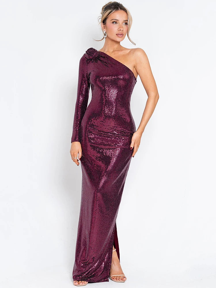 Glitter Skew Collar Backless Sexy Maxi Dress For Women Gown Sparkle Rose One Shoulder Bodycon Evening Long Dress PURPLE
