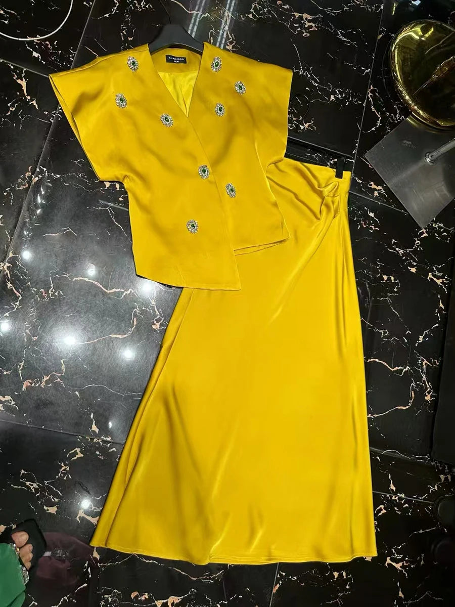 Slimming Elegant Two Piece Sets for Women V Neck Short Sleeves Patchwork Bead Top High Waist Long Skirt Set Female YELLOW