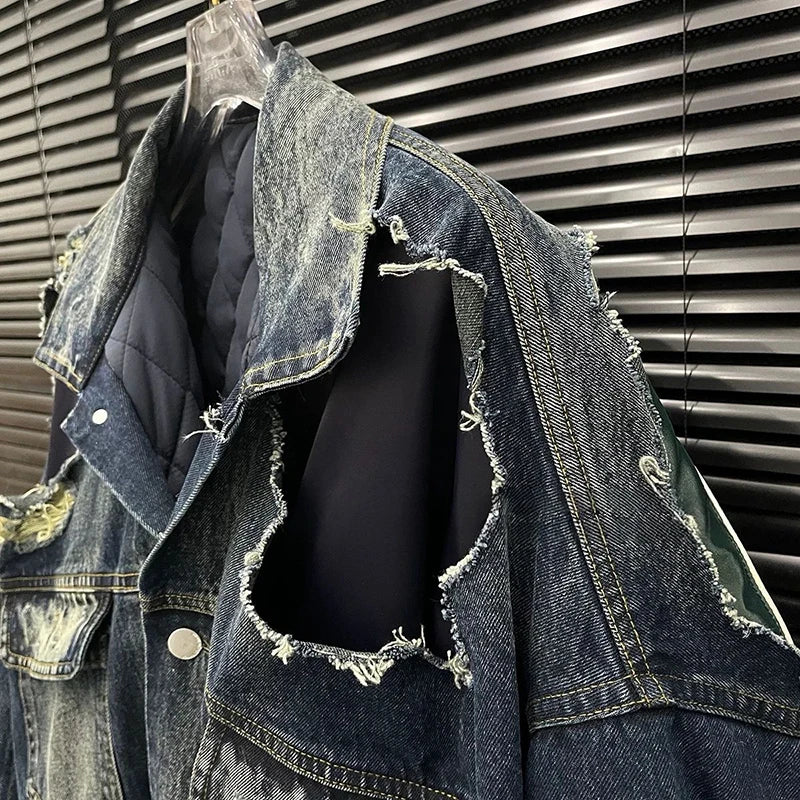 Autumn Winter New Distressed Layered Design Irregular Quilted Denim Coat For Women Streetwear Style Jacket 11A07891