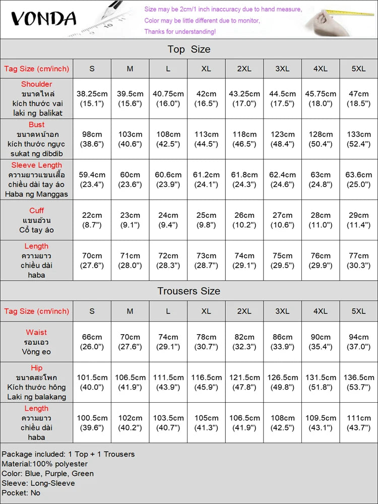 Plus Size 2024 VONDA Women Elegant Outfits 2024 Autumn Pant Sets Stylish Long Sleeve Casual Printed Top Trousers Two Piece Suits