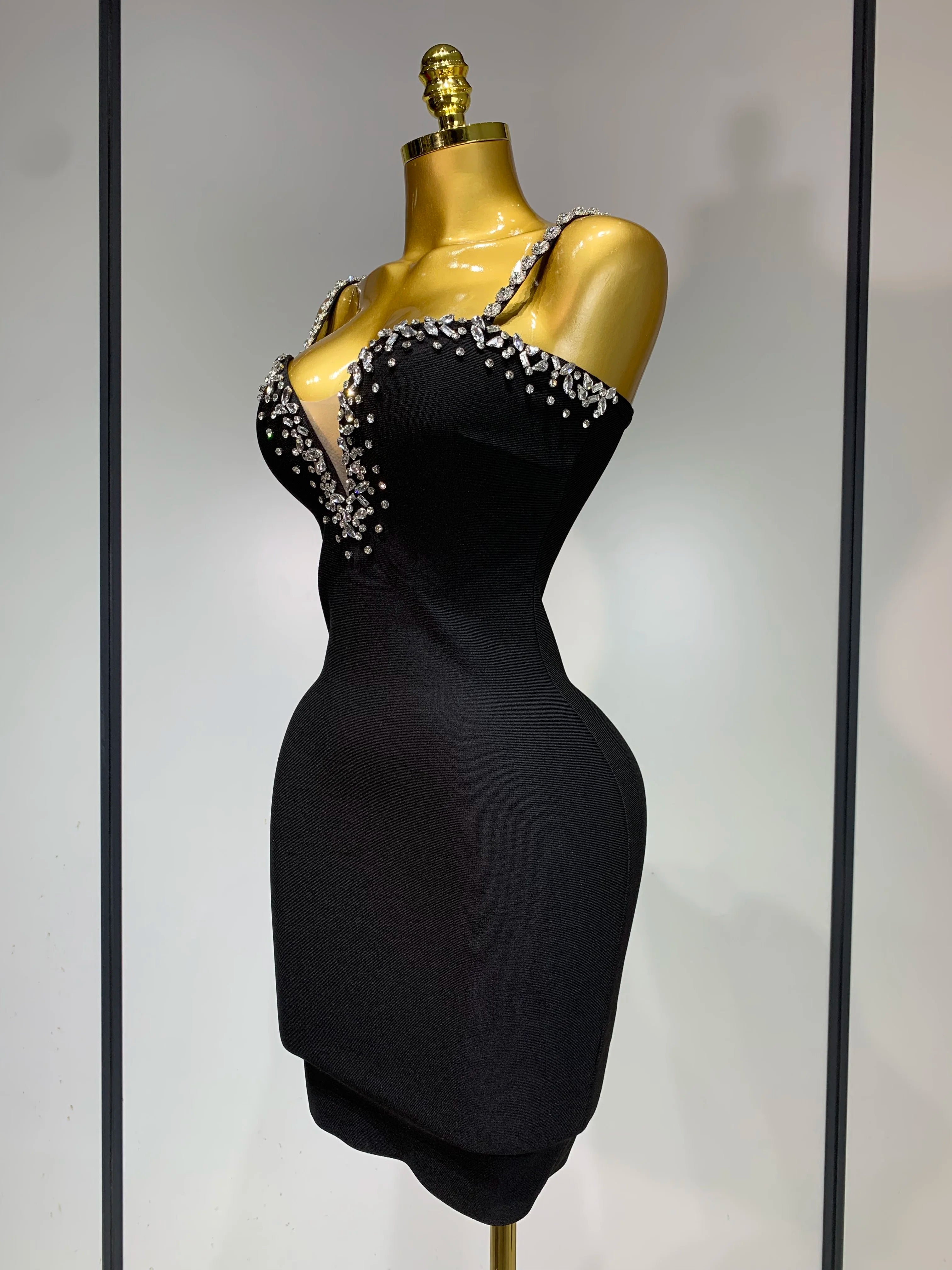 Women Sexy Sling V-neck Black Mini Bodycon Bandage Dress Luxury 2025 Celebrity Evening Club Celebrity Elegant Party Gowns