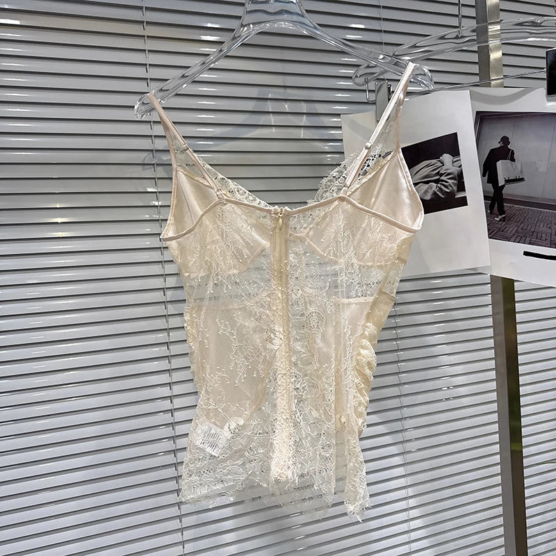 Winter New Fashion Lace See-through Patchwork Zipper Design Camisole For Women Versatile Backless Tank Top 11A07482