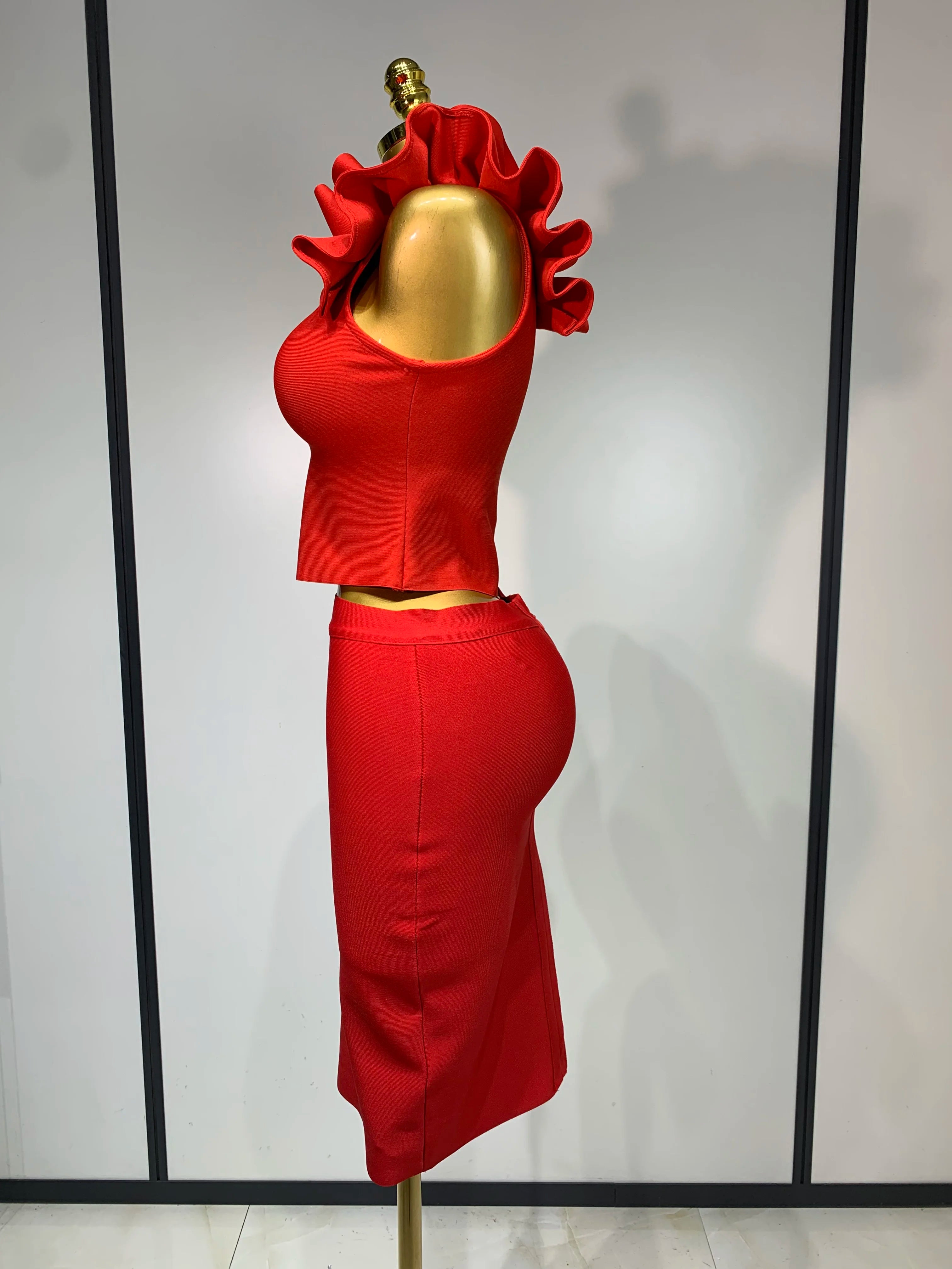 Women Sexy Sleeveless Ruffles One Shoulder Bandage Two Piece Set Fancy Club Evening Celebrity Elegant Party Bodycon Vestidos