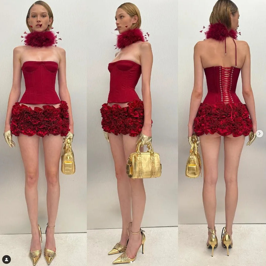 Red Color Women Sexy Strapless Ball Gown Mini Fashion Celebrity Nightclub Party Dress Birthday Cocktail Girls' Outfit red set