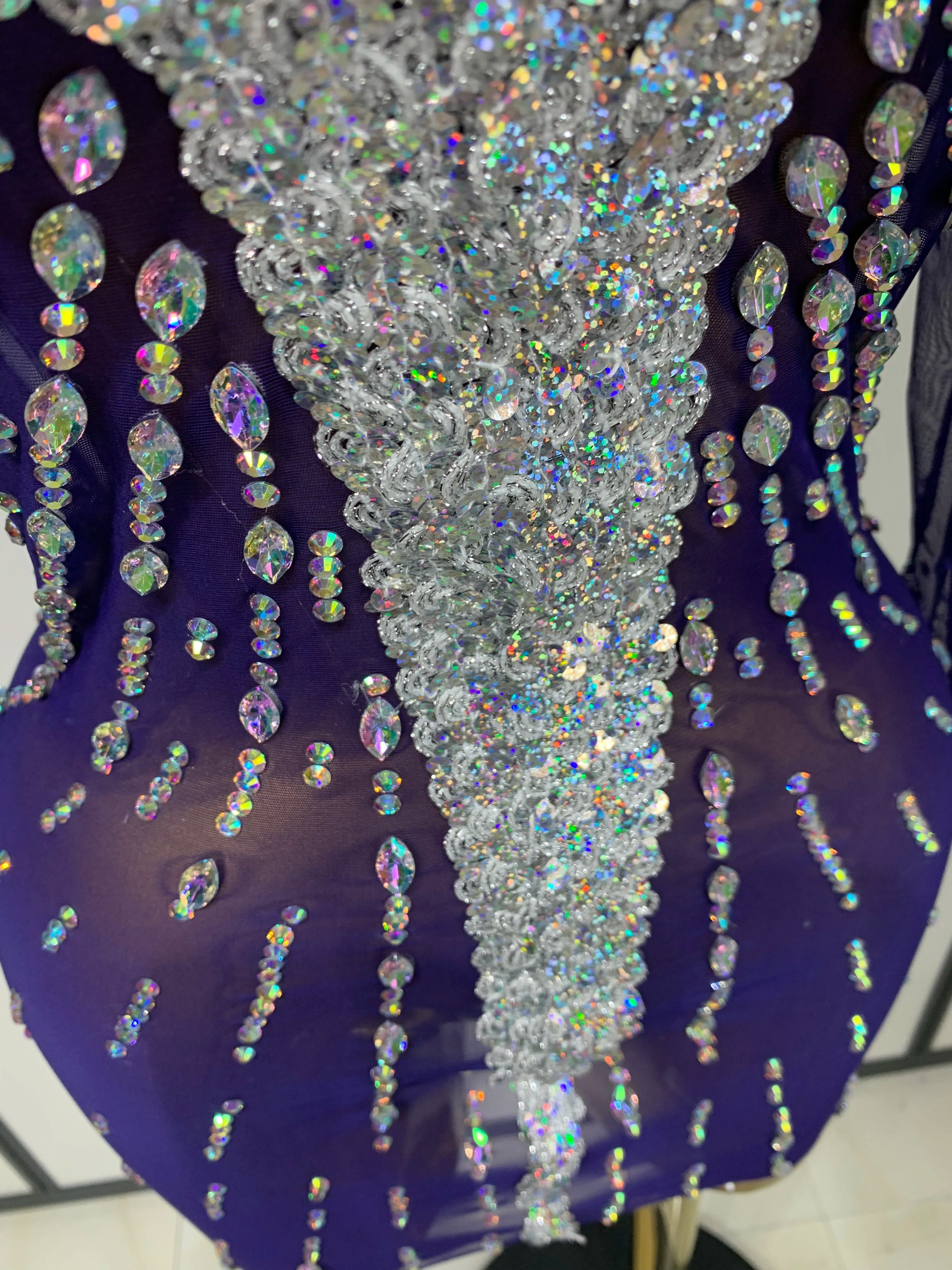 Sparkly Diamonds Mesh See Through Long Sleeves Mini Dress Women Eveing Birthday Party Sexy Nightclub Bar Singer Stage Costume