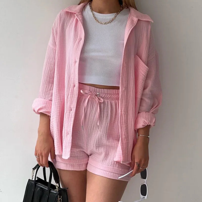 2 Piece Casual Sleepwear Cotton Pajamas for Women Turn-Down Collar Sleep Tops Suits with Shorts Gauze Cardigan Homewear Summer Pink
