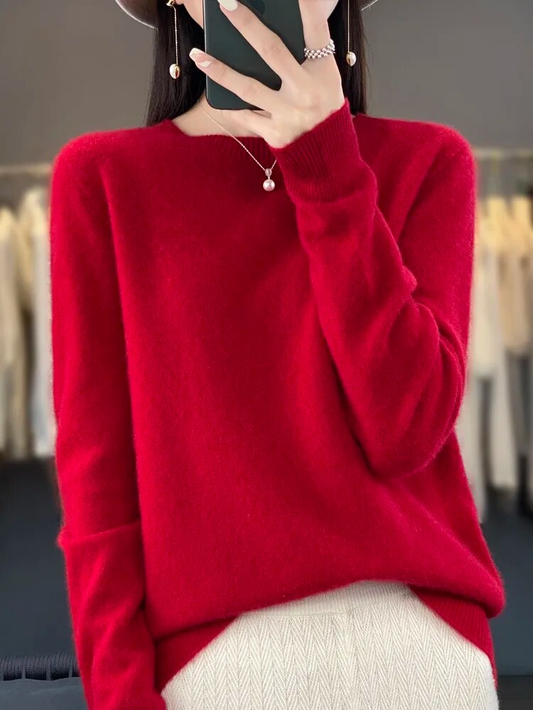 Women 100% Pure Merino Wool Knitted Sweater Autumn Winter Fashion O-Neck Top Cashmere Warm Pullover Seamless Jumper Clothes Red