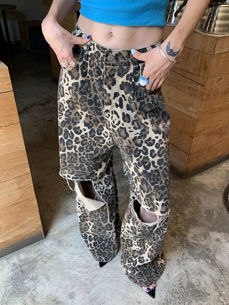 Colorblock Leopard Hollow Out Denim Pants For Women High Waist Spliced Pocket Wide Leg Jeans Female Fashion New