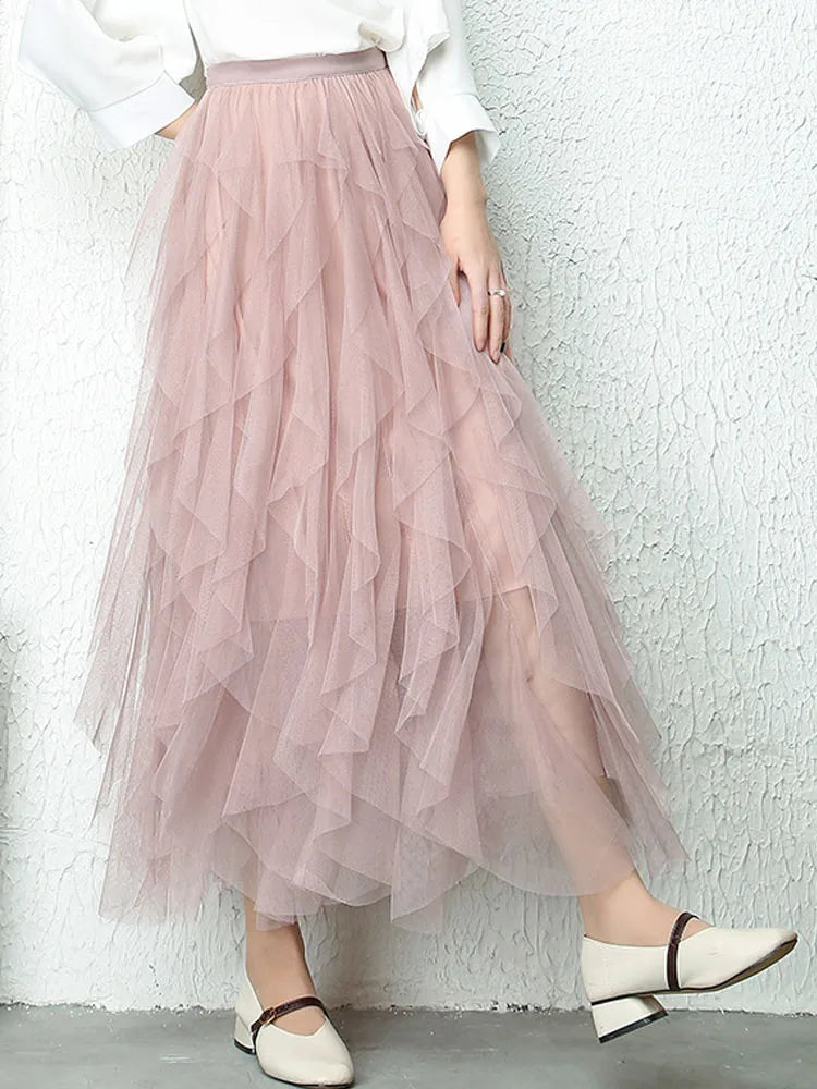 Fashion Tutu Tulle Skirt Women Long Maxi Skirt Spring Summer Korean Black Pink High Waist Pleated Skirt Female