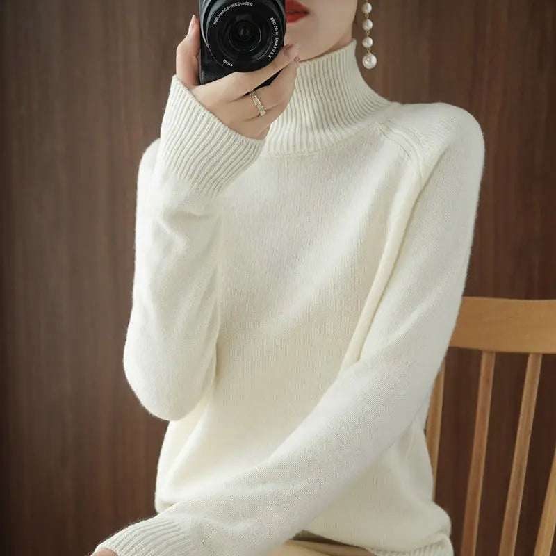 Turtleneck Pullover Fall/winter 2023 Cashmere Sweater Women Pure Color Casual Long-sleeved Loose Pullover Bottoming Women's White