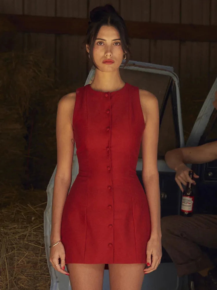 Fashion Sleeveless Sexy Mini Dress For Women New O Neck Single-btrasted Bodycon Club Party Tank Dress Femme Clothes