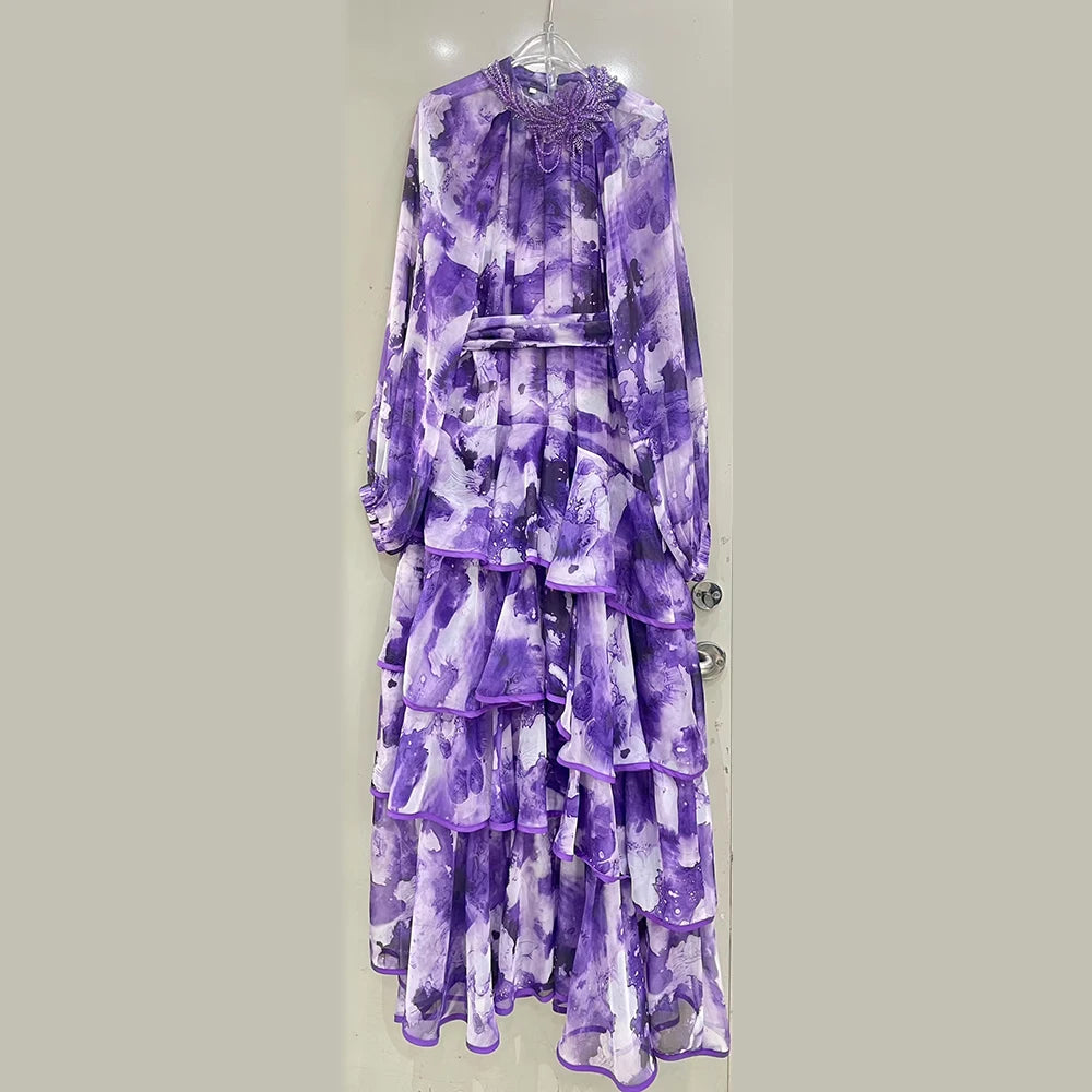 Hit Color Sheer Spliced 3D Flower Dresses for Women Round Neck Long Sleeves Patchwork Ruffles Folds Dress Female PURPLE