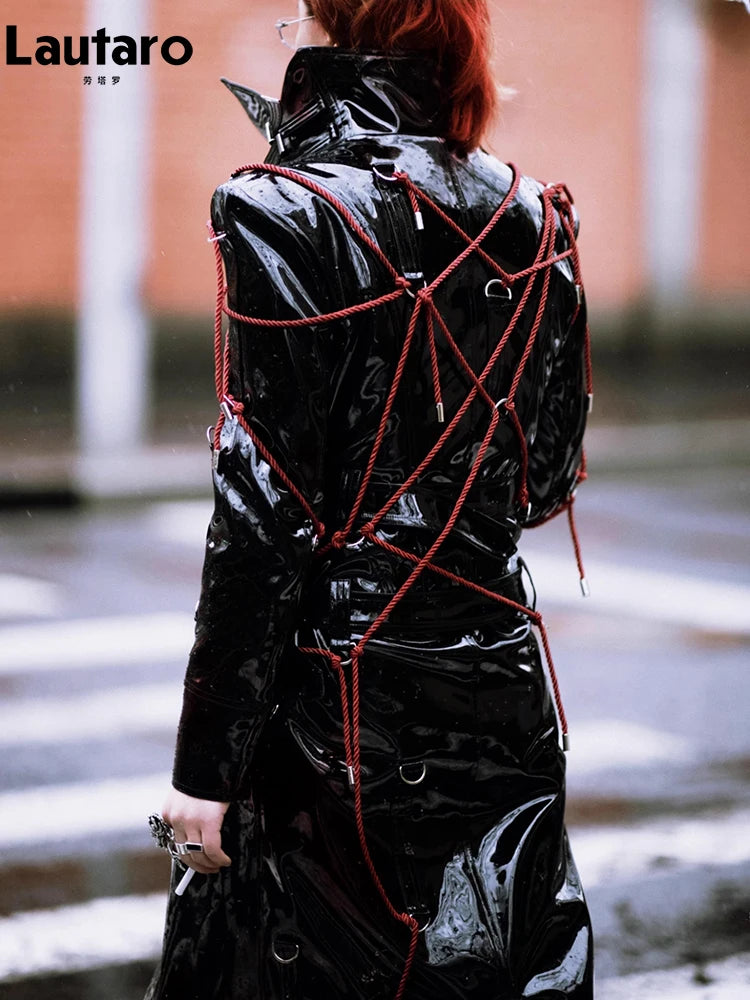 Lautaro Spring Long Cool Shiny Reflective Hard Patent Pu Leather Coat for Women Belt Luxury Designer Punk style Lace Up Clothes