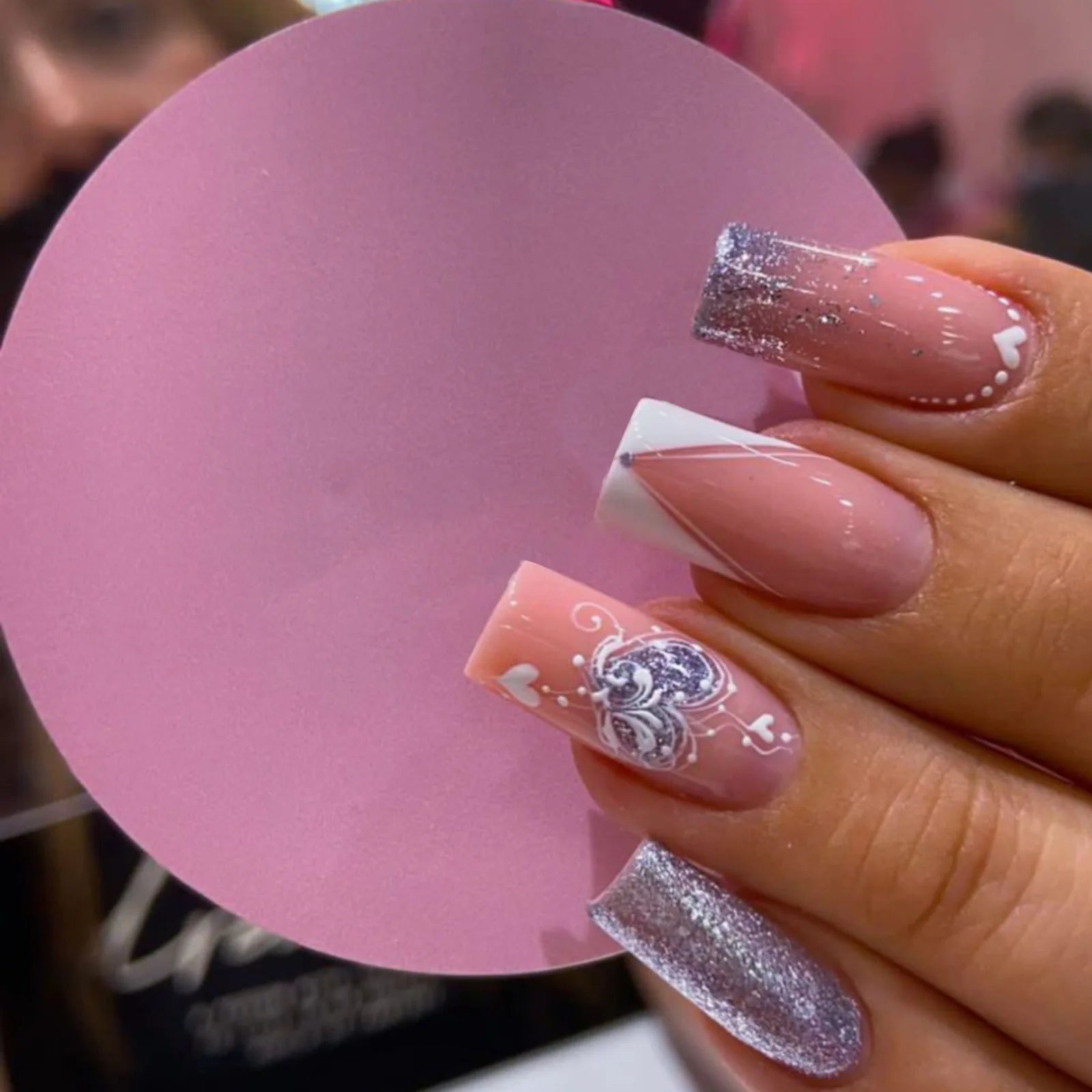 24pcs/set short Medium fake nails square ballet almond nail tips pink beautiful heart for Valentine's Day press on false nails 1072