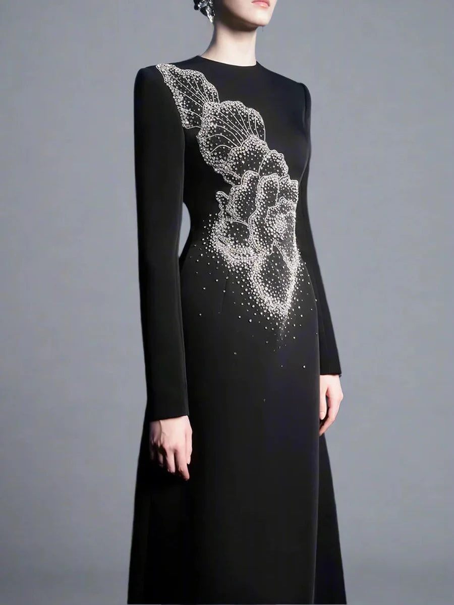 Solid Spliced Stick Drill Elegant Dresses for Women Round Neck Long Sleeves Temperamnet Dress Female Fashion New