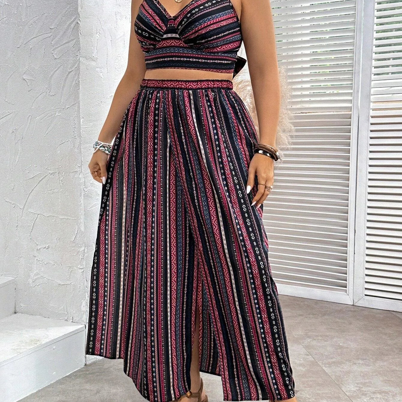 Plus Size Summer Striped Print 2 Two Piece Set Women Sexy Slim Ladies Cropped Sleeveless Slip Tops Split Loose Modis Woman Skirt Burgundy