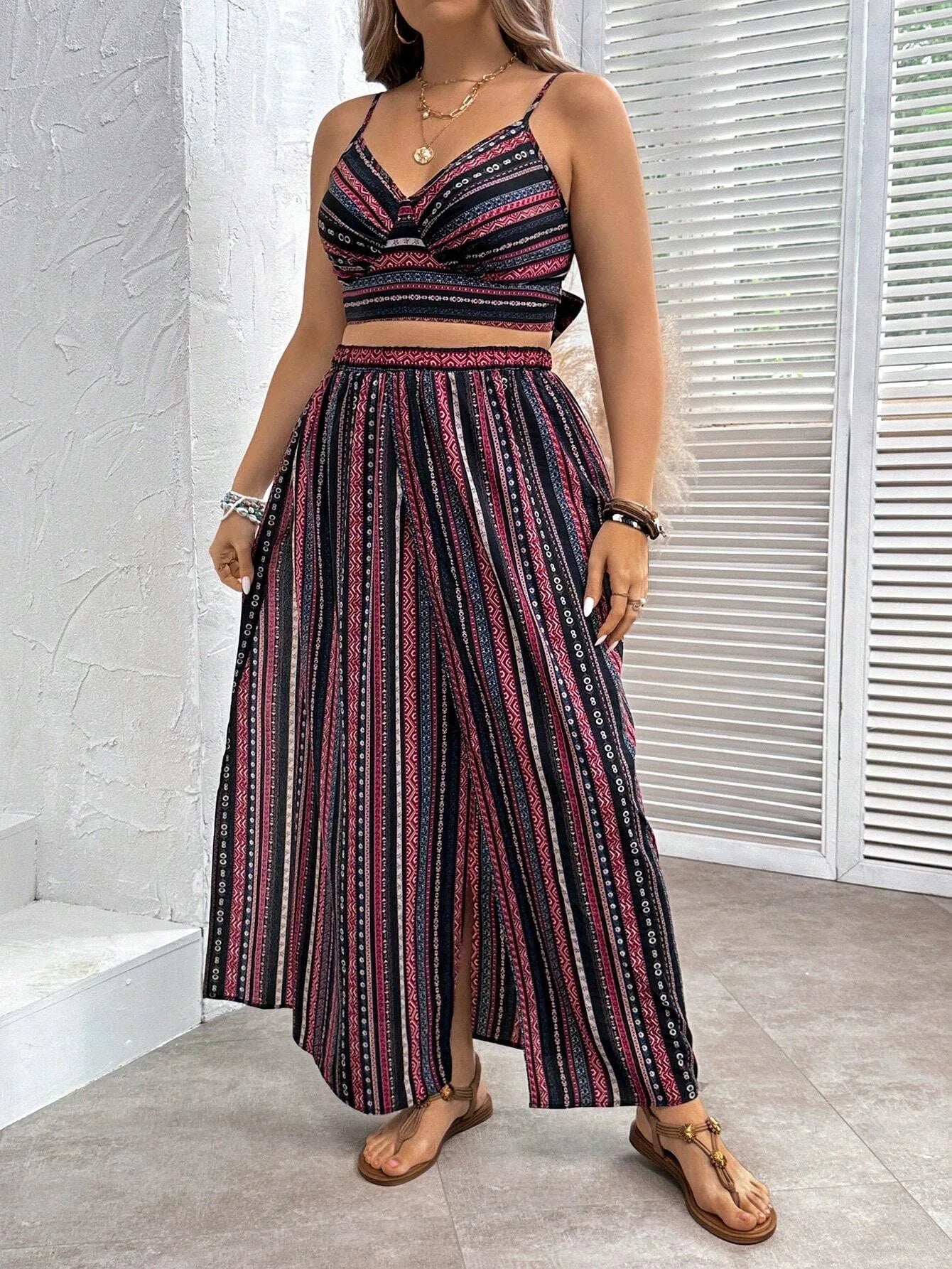 Plus Size Summer Striped Print 2 Two Piece Set Women Sexy Slim Ladies Cropped Sleeveless Slip Tops Split Loose Modis Woman Skirt Burgundy