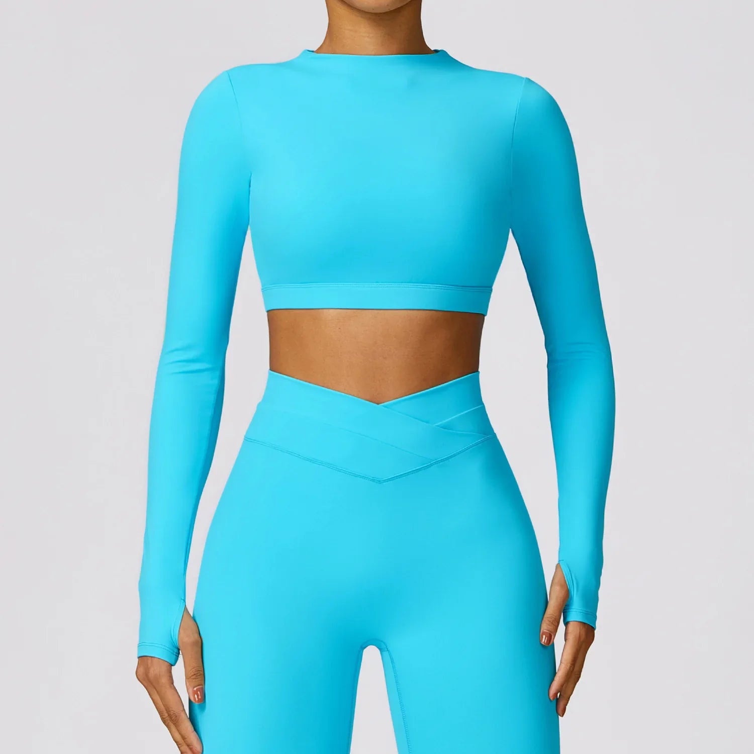 New Women's Long Sleeve Top Yoga Shirts Running T-Shirt Workout Running Fitness Gym Sports Top Training Crop Top Solidcolor lake blue