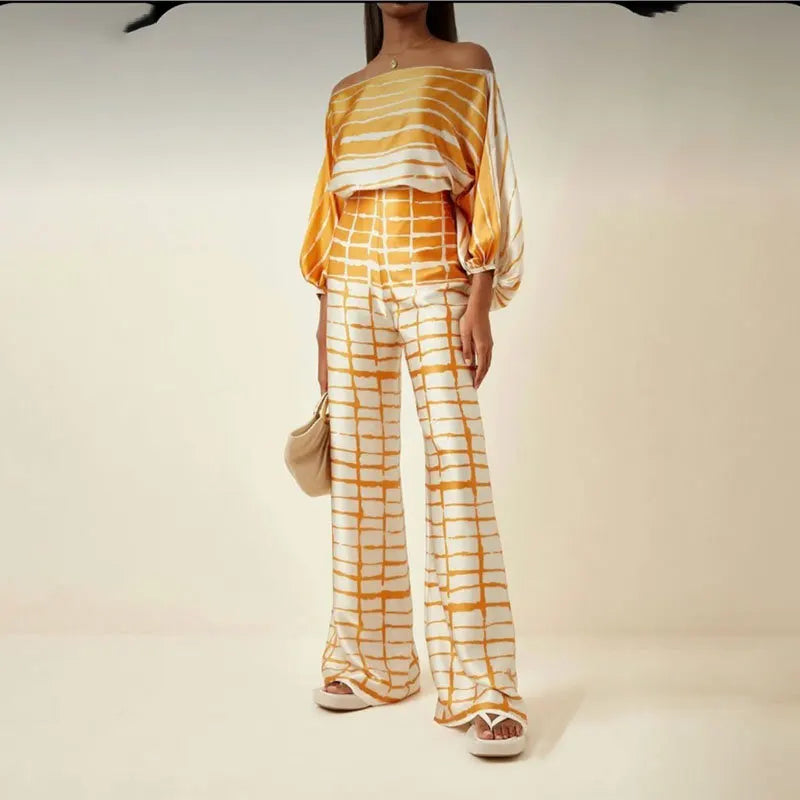 Women Fashion Hollow Off Shoulder Tops With Long Pants Office Lady 2 Piece Sets New Casual Wide Leg Pants Suits Yellow-grid