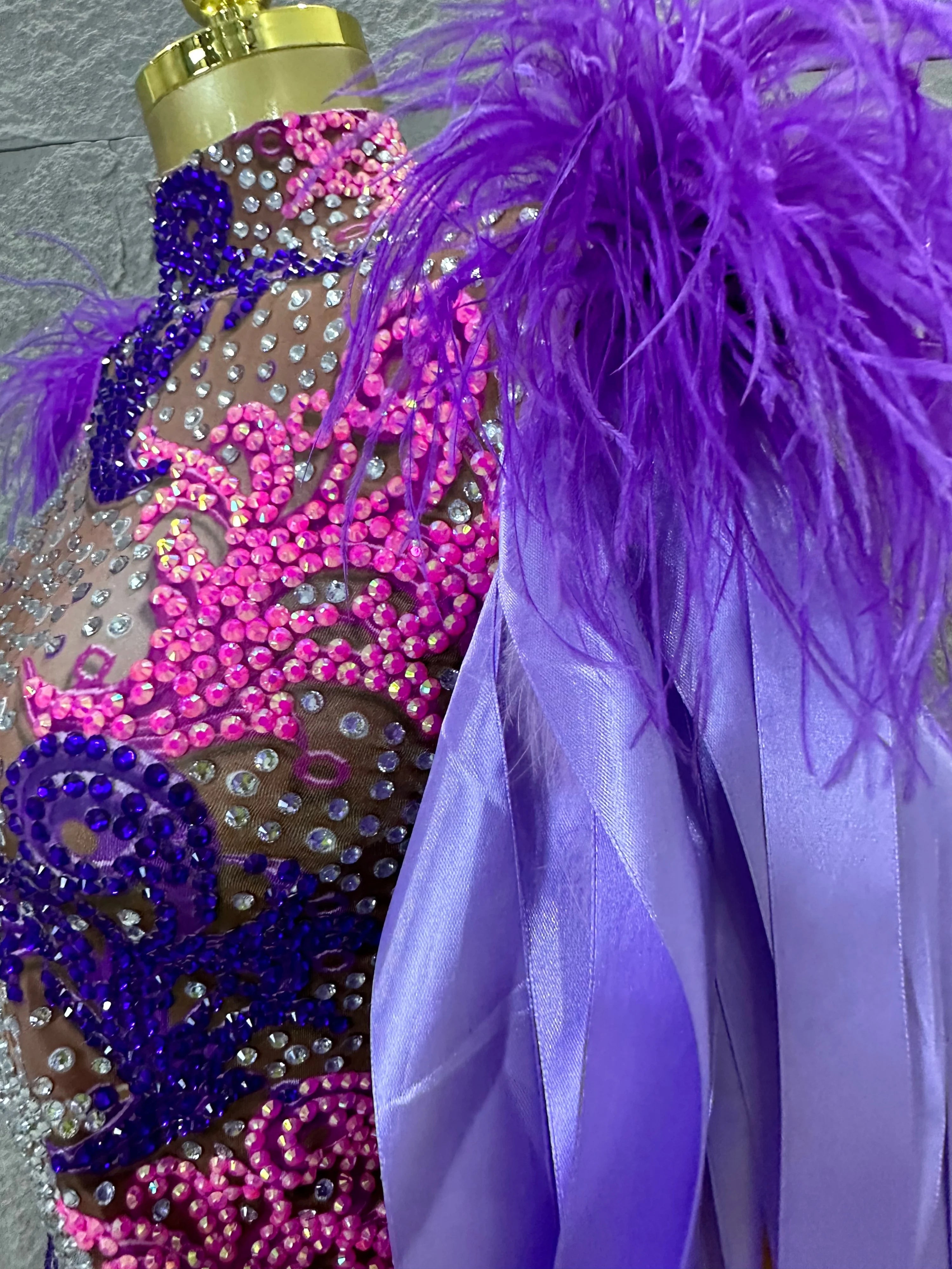 Sexy 2026 High Neck Sheer Mesh Bodysuit Women Purple Pink Crystal Fringe Long Sleeve Outfit Luxury Drag Queen Costume
