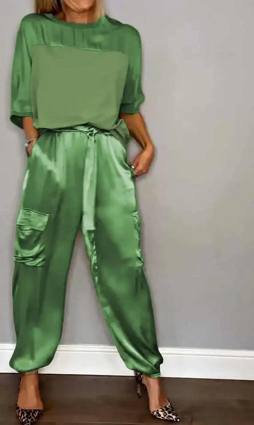 Summer Fashion New Elegant Women's Plus Size Set Street View Smooth Satin Half Sleeve Shirt Casual Pants Sports Two Piece Set green