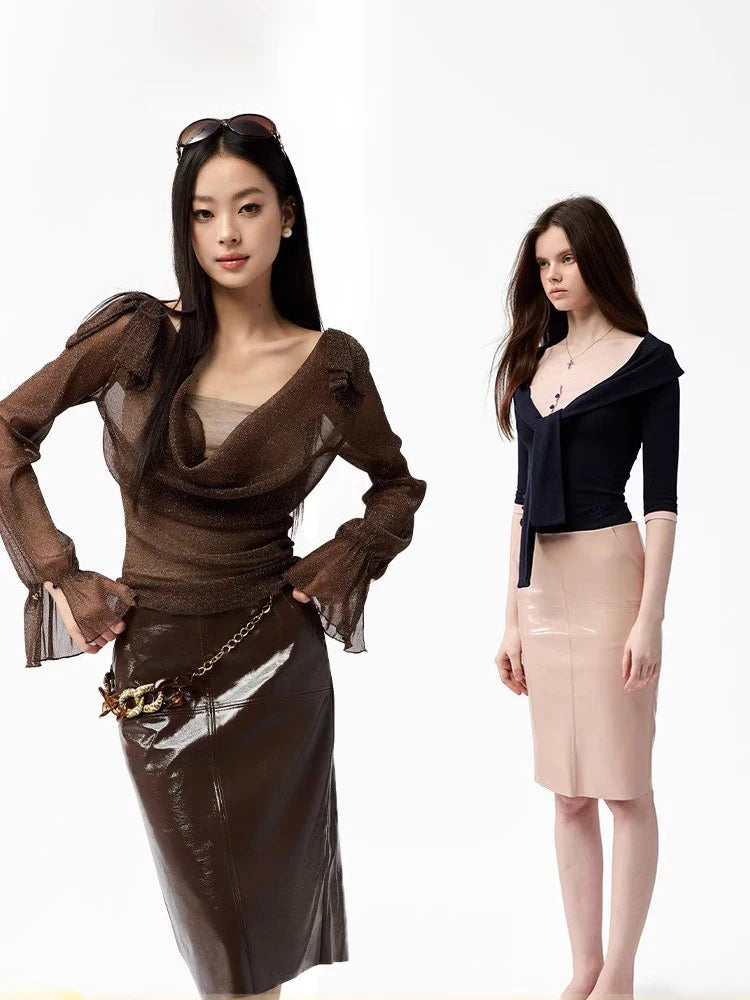Lautaro Spring Autumn Shiny Reflective Brown Pu Leather Pencil Skirt Women with Back Slit High Waist Luxury Chic Clothes 2025