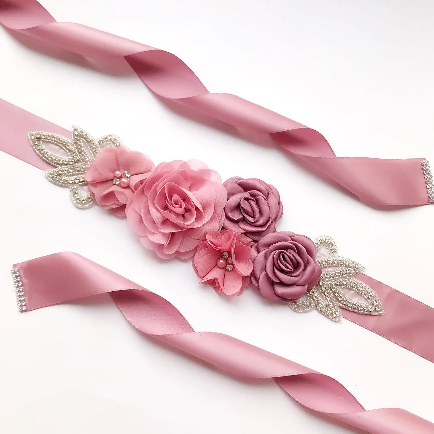 Wedding Accessories Bridal Belts Satin Flower Sash Woman Girl Belts Flower Bead Belts Floral Belt Wedding Rhinestone Flower Belt 1-Bean pink