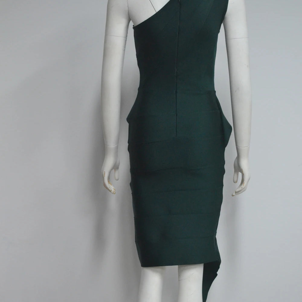 Darkgreen Color Women Sexy One Shoulder Ruffles Bodycon Mini Bandage Dress Office Lady Celebrate Evening Party Outfit Vestido