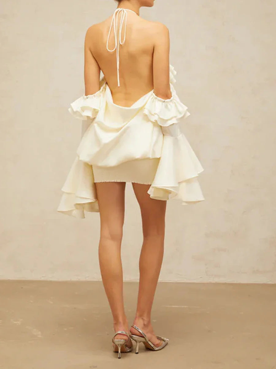 Solid Loose Spliced 3D Flower Dresses for Women Halter Neck Sleeveless Patchwork Fungus Mini Dress Female Clothing