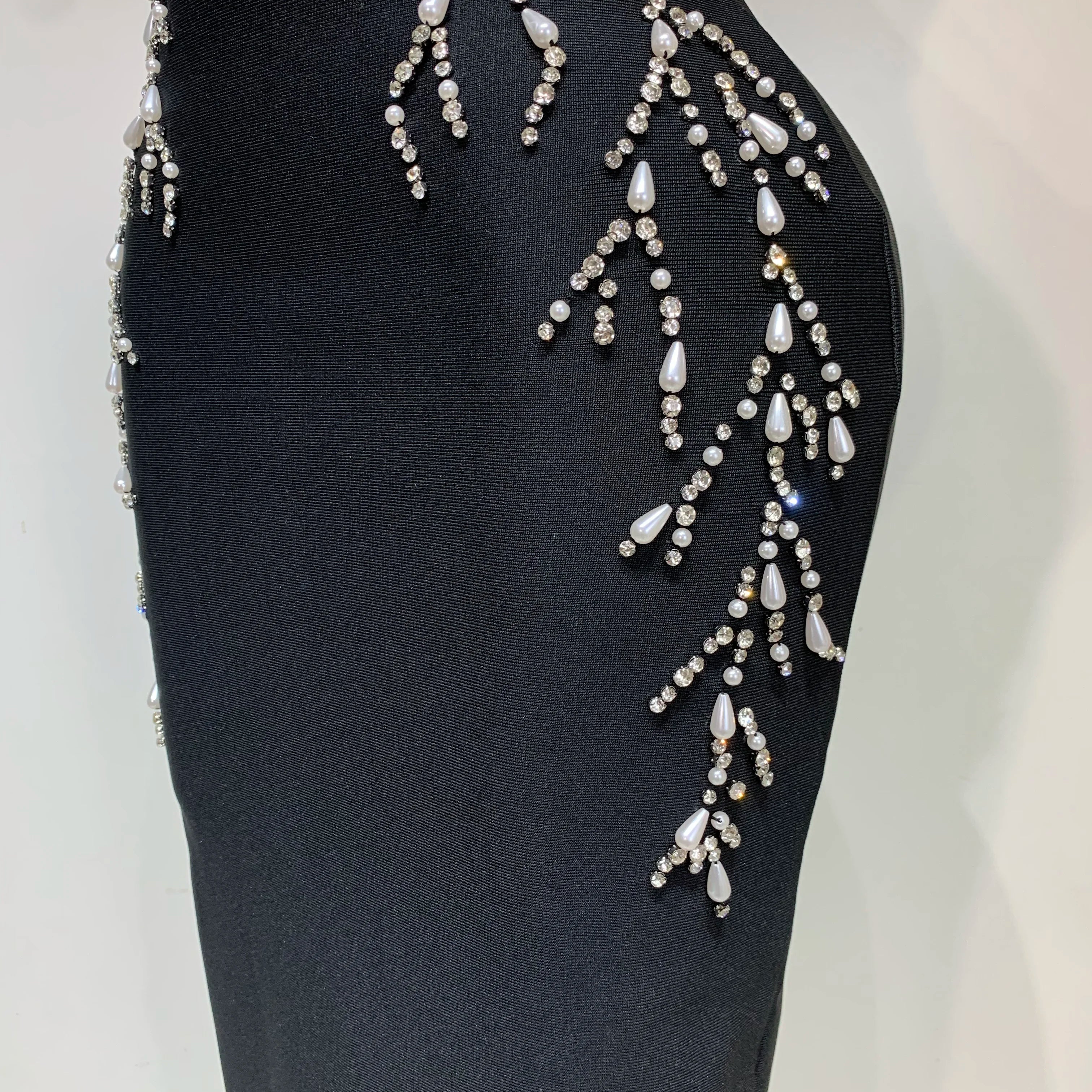Women Sexy V Neck Black Beading Maxi Long Bodycon Bandage Dress 2025 Celebrity Elegant Evening Club Party Luxury Birthday Dress