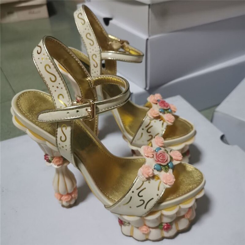 Print Flower High Platform Sandals Women Ankle Strap Sweet Pink Banquet Shoes Woman Rose Decor Strange Heel Summer Sandalias Beige