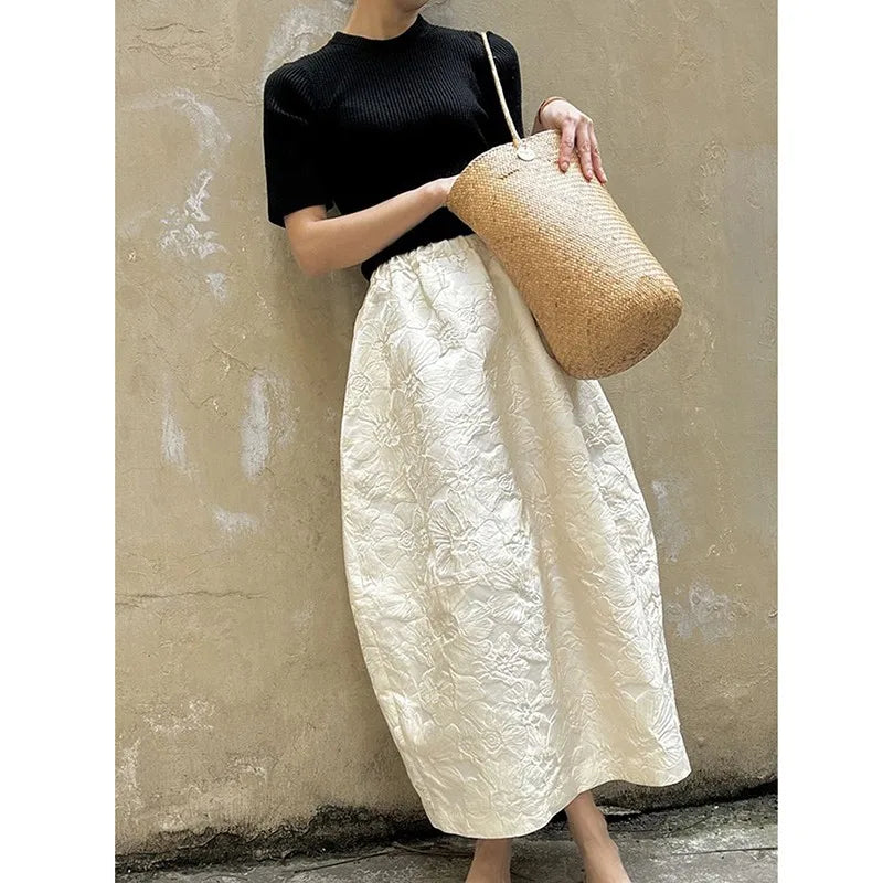 Spring/summer Arts Style Women Casual Loose Fit Elastic Waist A-line Jacquard Design Ankle-length Skirt P02