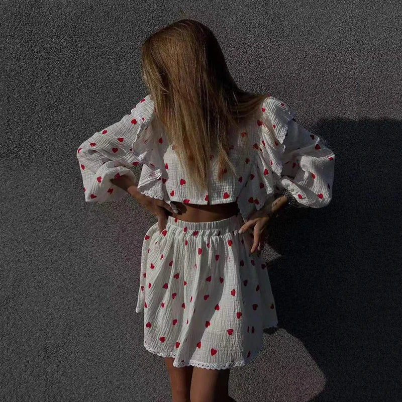 Women Cotton and Linen Skirts Set Summer V-Neck Pile Up Sleeve Tops and Mini Skirt Outfit Ladies Casual Sweet Two Piece Sets Style 3